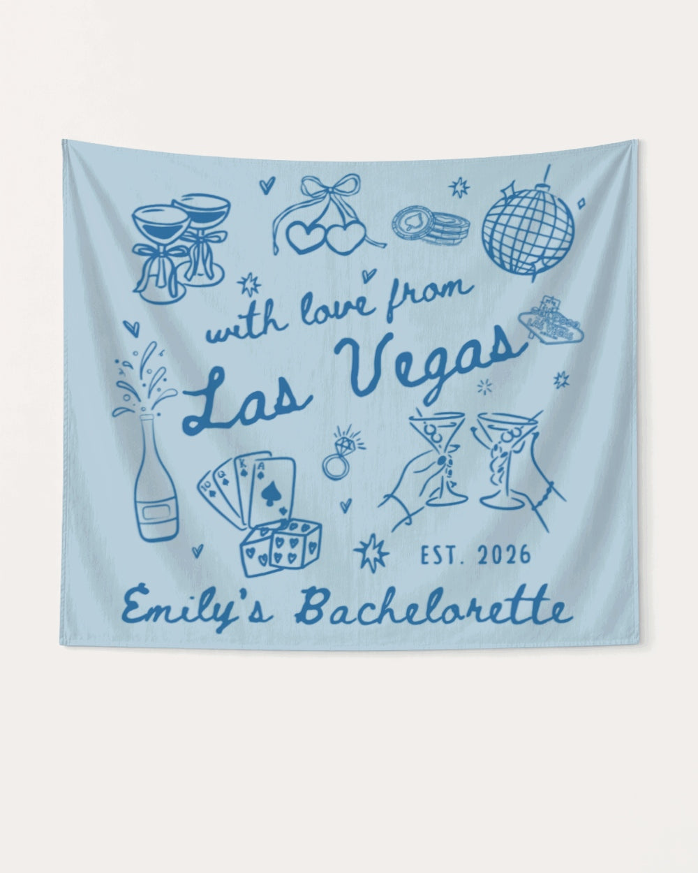 Hand-drawn line art bachelorette banner with playful doodles and Las Vegas theme. Personalized with bride name, EST. year, and destination city for the whole crew.