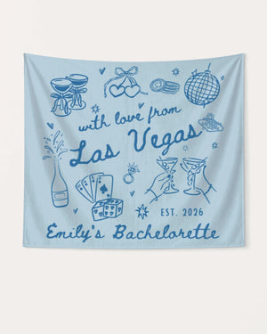 Hand-drawn line art bachelorette banner with playful doodles and Las Vegas theme. Personalized with bride name, EST. year, and destination city for the whole crew.