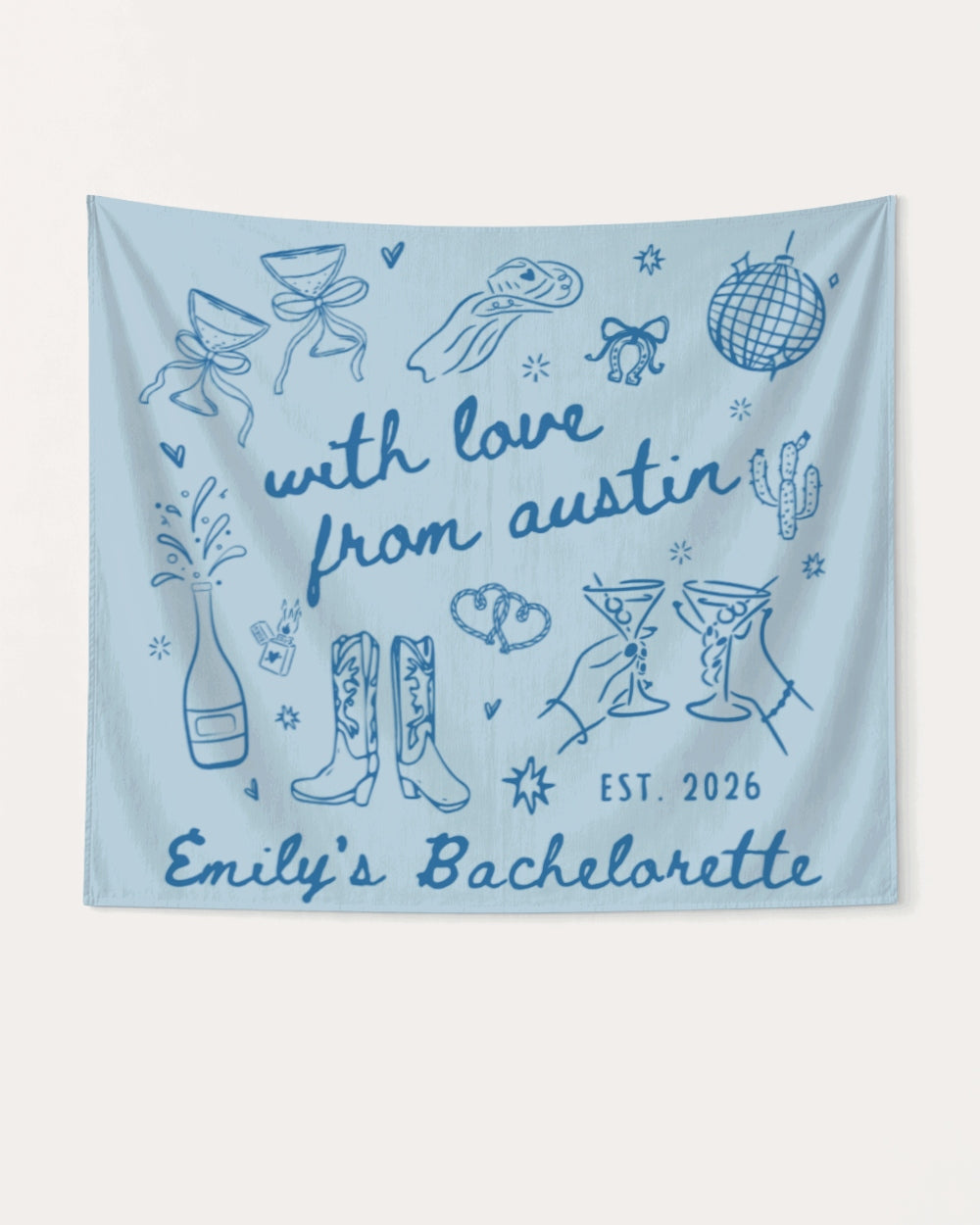 Whimsical line-art doodle bachelorette banner with script lettering and Austin-inspired artwork. Personalized with bride name, city, and year for the full weekend setup.
