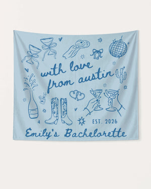 Whimsical line-art doodle bachelorette banner with script lettering and Austin-inspired artwork. Personalized with bride name, city, and year for the full weekend setup.