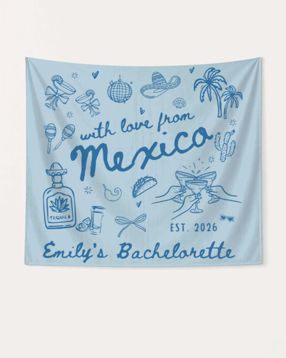 Vintage line-art bachelorette banner with hand-drawn Mexico destination theme. Personalized with bride name, year, and trip details for the full bachelorette crew heading south of the border.
