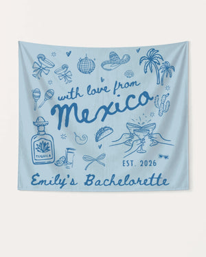 Vintage line-art bachelorette banner with hand-drawn Mexico destination theme. Personalized with bride name, year, and trip details for the full bachelorette crew heading south of the border.