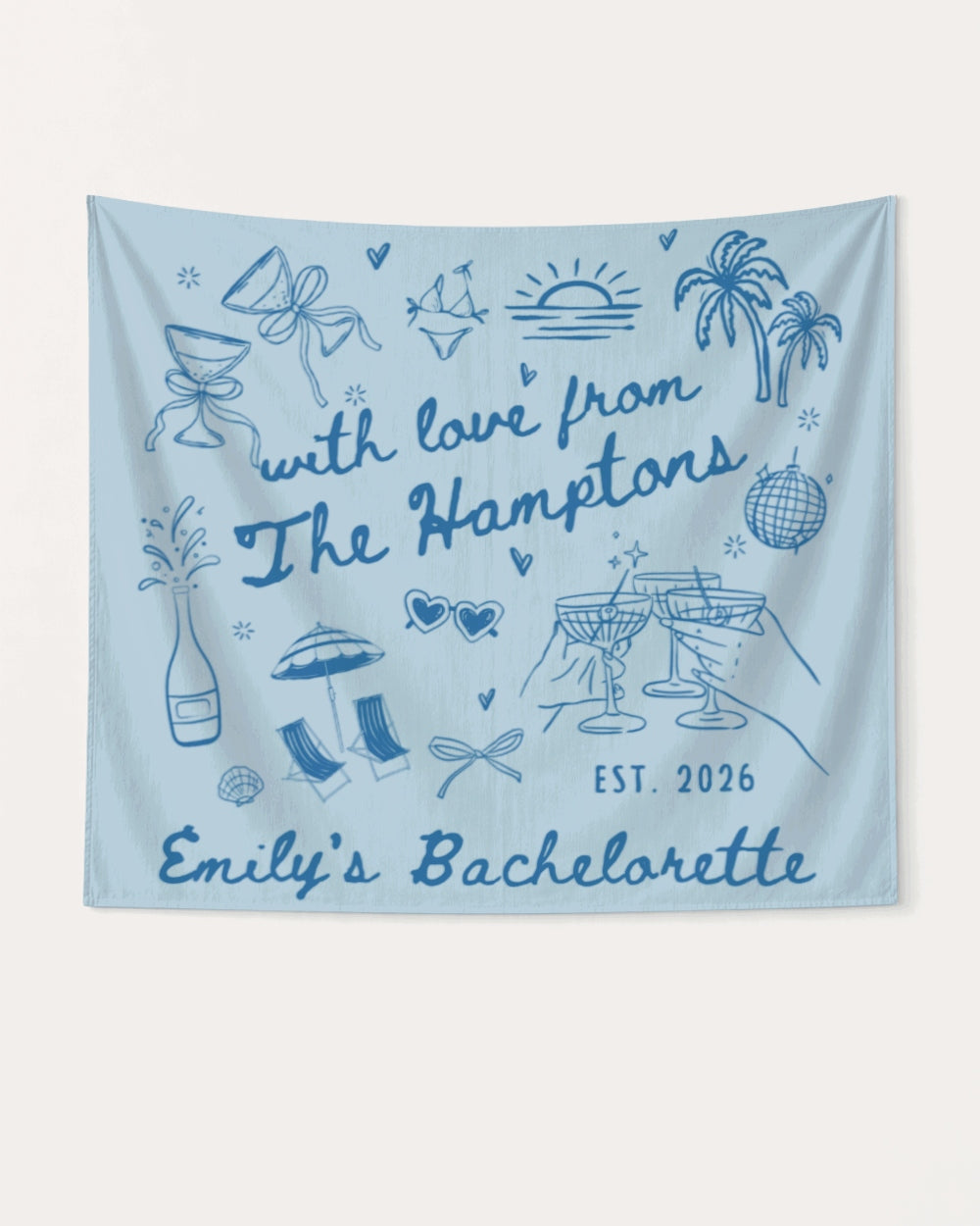 Bride and bachelorette crew banner with minimalist doodle art for a Hamptons weekend party. Personalized with bride name, destination, and year for the whole bridal squad.