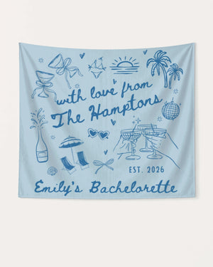 Bride and bachelorette crew banner with minimalist doodle art for a Hamptons weekend party. Personalized with bride name, destination, and year for the whole bridal squad.