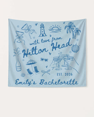 Whimsical line-art doodle bachelorette party banner with hand-drawn script and coastal illustrations. Personalized with bride name, destination, and year for the whole crew.