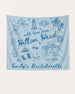 Whimsical line-art doodle bachelorette party banner with hand-drawn script and coastal illustrations. Personalized with bride name, destination, and year for the whole crew.