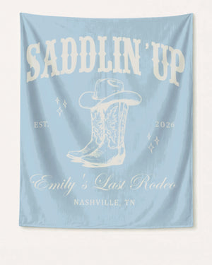 Vintage western illustration bachelorette banner with rope borders, boot and spur accents, and script lettering. Bride name, est. year, and city customizable for any last rodeo party.