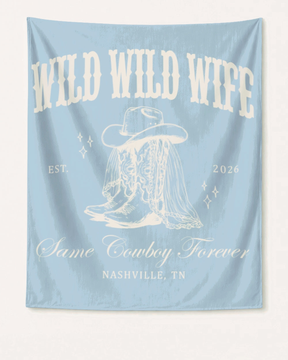 Vintage western-style bachelorette party banner with script lettering and cowgirl bride theme. Personalized with bride name, year, and destination city for the Nashville or any destination bach crew.