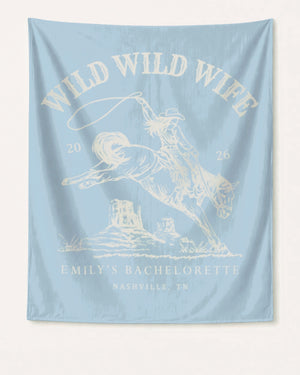 Vintage western bachelorette banner with Wild Wild Wife rodeo illustration and hand-lettered script. Personalized with bride name, date, and destination city for the full party display.