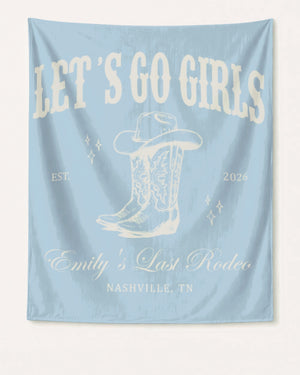 Vintage western-style bachelorette party banner with cowboy boot and hat illustration, script typography, and bold country lettering. Bride name, year, and city fully customizable for the whole Nashville crew.