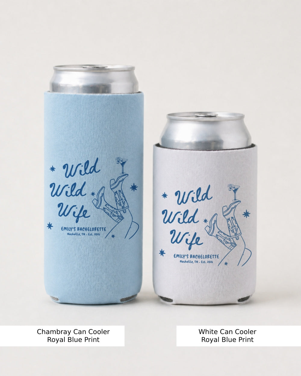 Slim can cooler for bachelorette party drinks, Wild Wild Wife script and line-art design with boots and martini details. Keeps cans cold for the bride squad all weekend long.