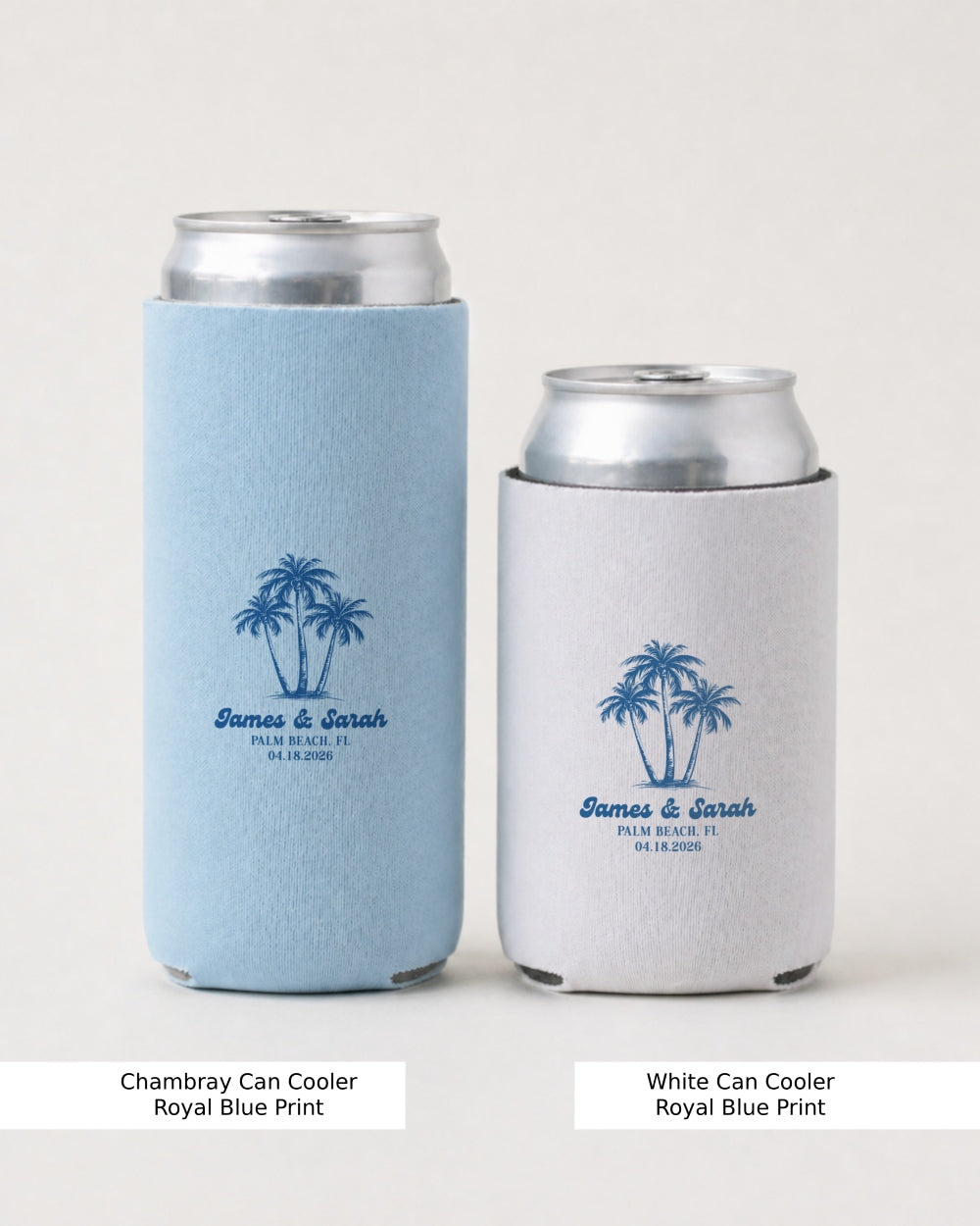 Slim can cooler for beach weddings and bachelorette parties, featuring palm tree line art and elegant script. Personalized with couple names, initials, and wedding date.