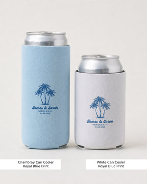 Slim can cooler for beach weddings and bachelorette parties, featuring palm tree line art and elegant script. Personalized with couple names, initials, and wedding date.