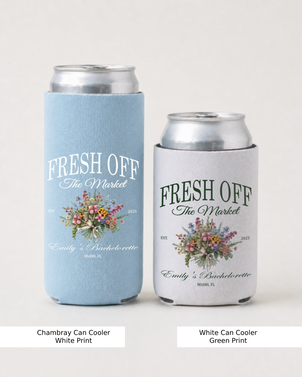 Slim can cooler with vintage botanical illustration and script typography for a Fresh Off the Market bachelorette celebration. Perfect for bridal party drinks at the shower, engagement party, or wedding weekend.