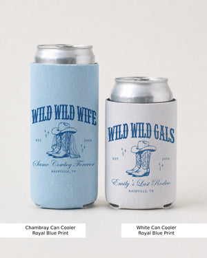 Slim can cooler with vintage western badge art for a Wild Wild Wife bachelorette crew. Personalized with bride name, location, and est. year for the whole cowgirl party.