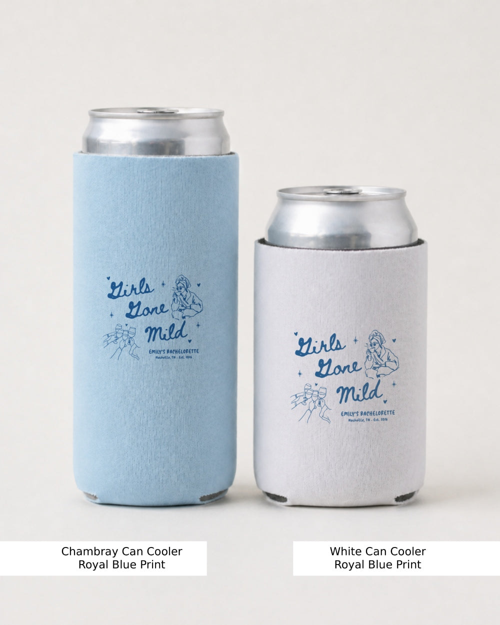 Personalized low key bachelorette drink holder with Girls Gone Mild design for bride party drinks
