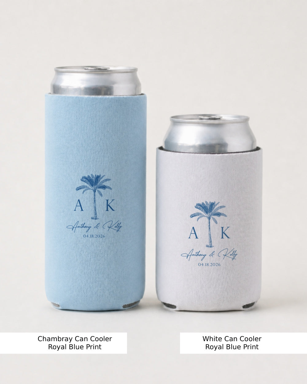 Slim can cooler with minimalist palm tree and floral line art for a beach wedding favor. Personalized with couple names and wedding date. Elegant gift for guests at an outdoor coastal ceremony.
