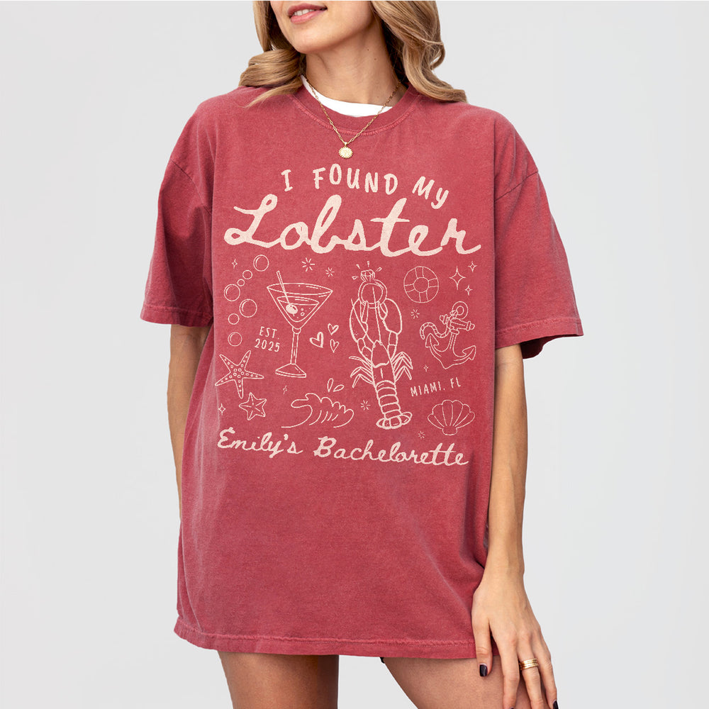 Comfort Colors® She Found Her Lobster Bachelorette Shirt Custom Maine Bachelorette Party Tshirt Coastal Fishing Bach Shirt Caught up in love - Crimson Product Image