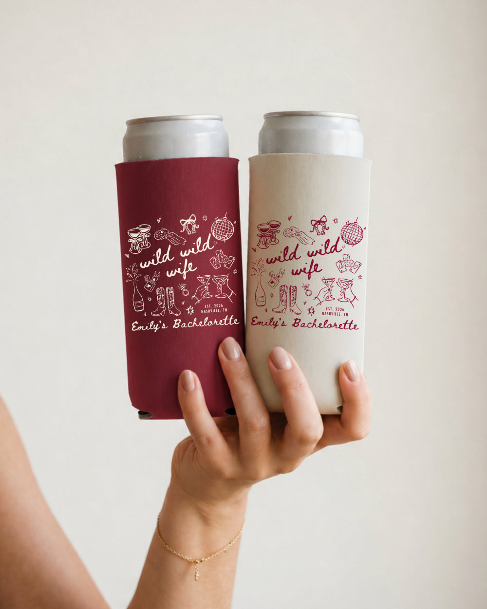 Bachelorette weekend can cooler with whimsical line-art script and a woods-wandering theme. Personalized with bride name for the whole crew. Perfect for camping, hiking, or lakeside bach parties.
