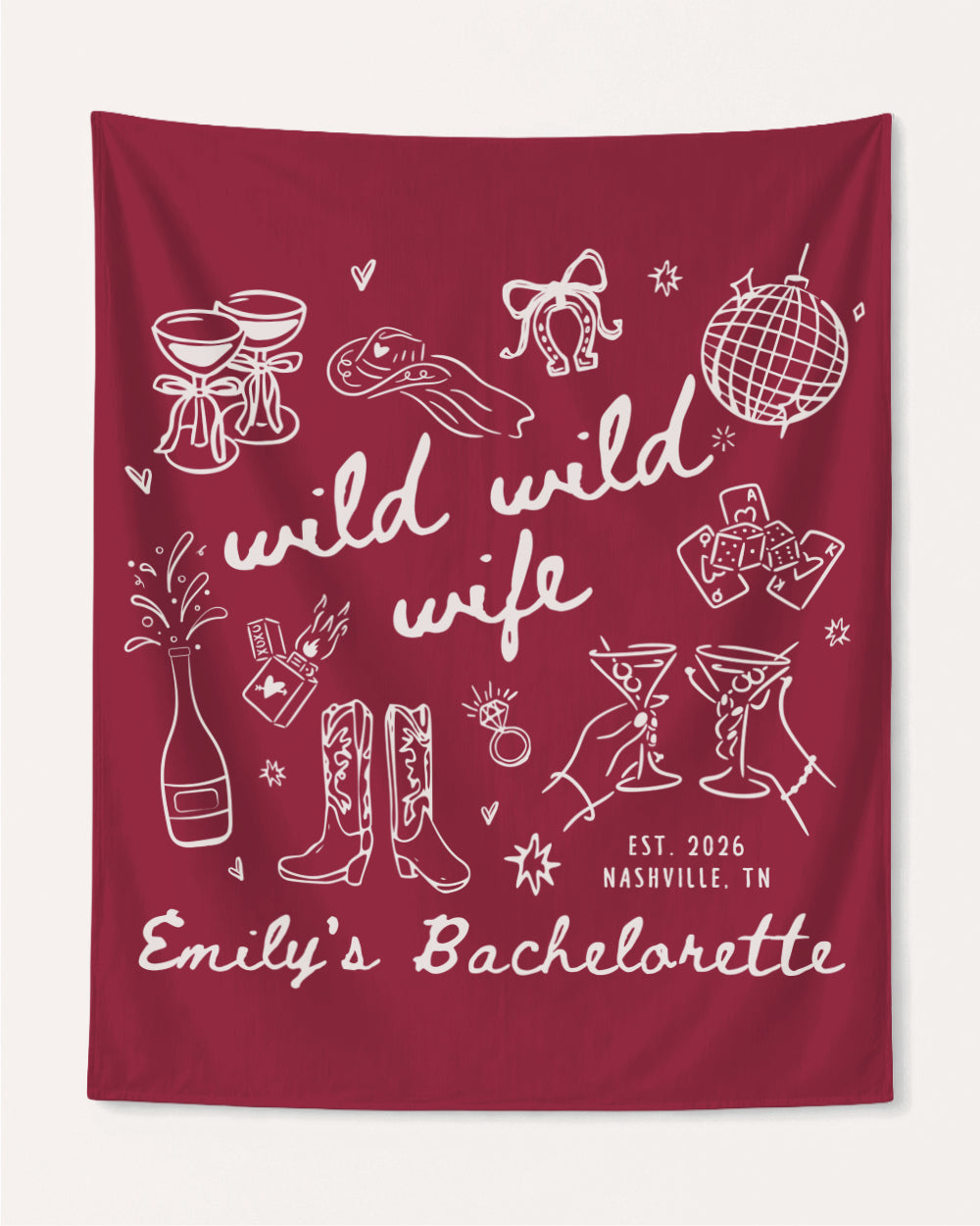 Bride and bachelorette crew banner with Wild Wild Wife playful line-art theme. Personalized with bride name, party destination, and EST. year for the full bachelorette weekend setup.