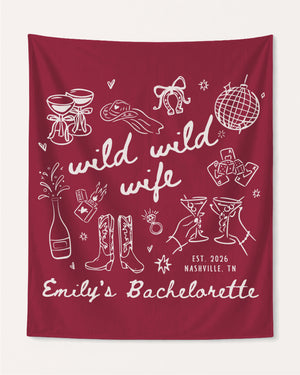 Bride and bachelorette crew banner with Wild Wild Wife playful line-art theme. Personalized with bride name, party destination, and EST. year for the full bachelorette weekend setup.