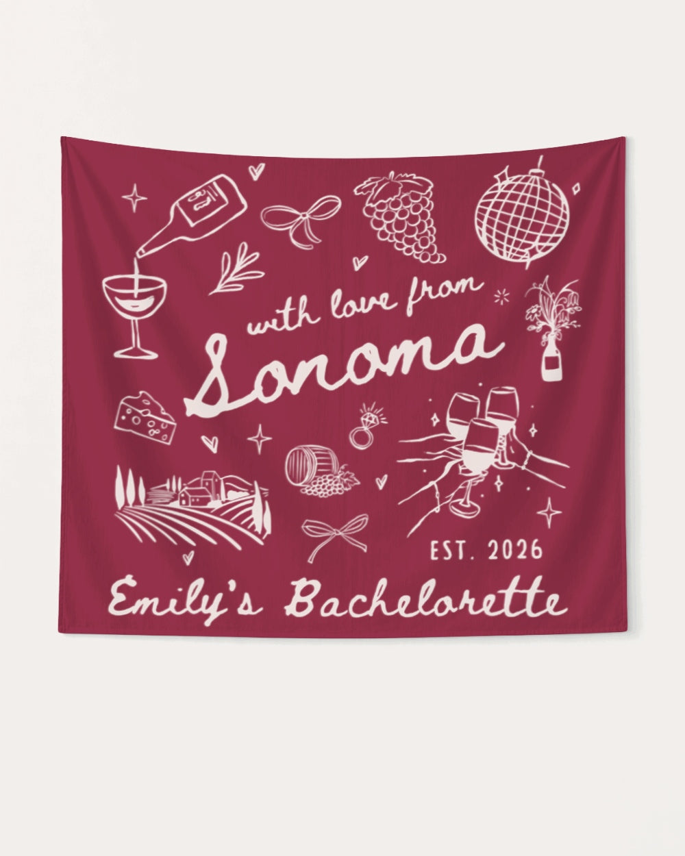 Personalized winery bachelorette backdrop with Sonoma design for bride party decor