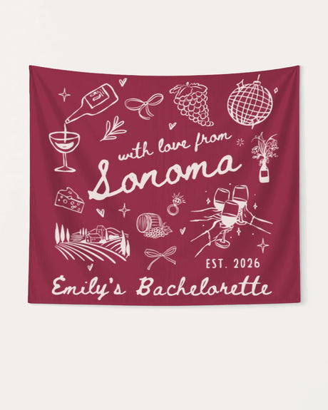 Personalized winery bachelorette backdrop with Sonoma design for bride party decor