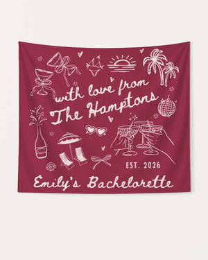Minimalist line-art doodle bachelorette banner with playful hand-drawn icons and script lettering. Bride name, year, and destination customizable for any Hamptons or beach weekend celebration.