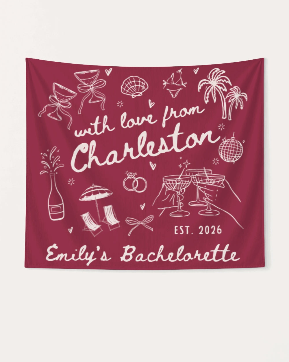 Matching bachelorette party banners with hand-drawn doodle art and script lettering for the bride crew. Personalized with bride name, destination city, and wedding year for any weekend celebration.