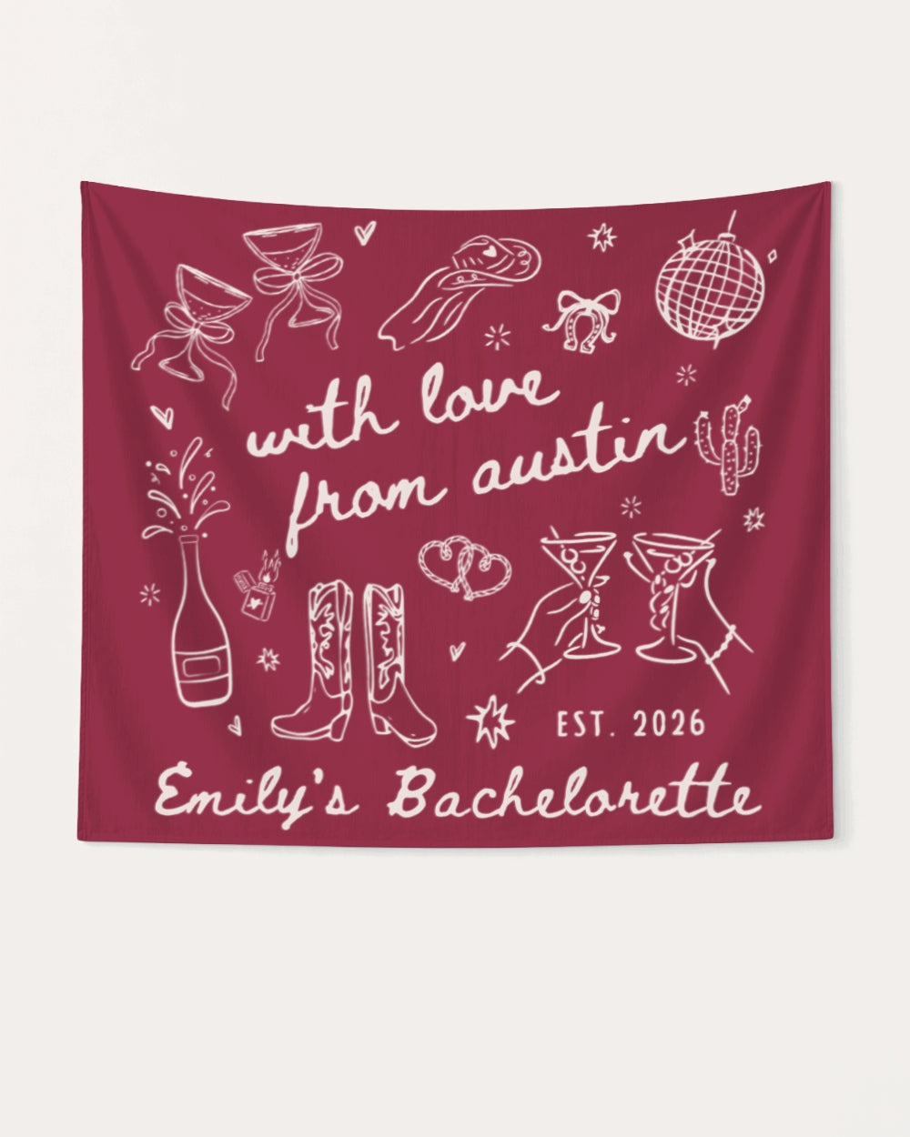 Bachelorette party banner with whimsical doodle art and script lettering for the bride's Austin weekend. Personalized with bride name, destination city, and year for the whole crew.