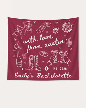 Bachelorette party banner with whimsical doodle art and script lettering for the bride's Austin weekend. Personalized with bride name, destination city, and year for the whole crew.
