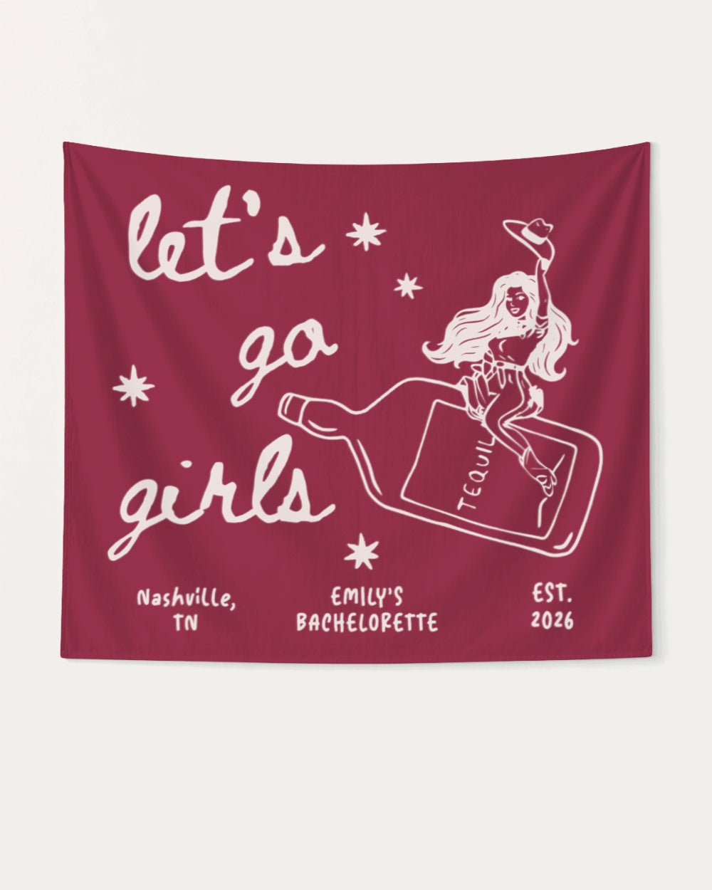 Cowgirl-themed bachelorette bottle banner with vintage line-art illustration and hand-drawn script. Personalized with bride name, city, and year for the whole bachelorette crew.