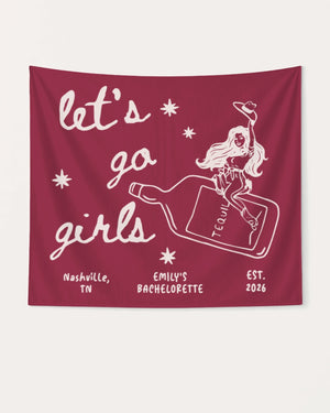 Cowgirl-themed bachelorette bottle banner with vintage line-art illustration and hand-drawn script. Personalized with bride name, city, and year for the whole bachelorette crew.
