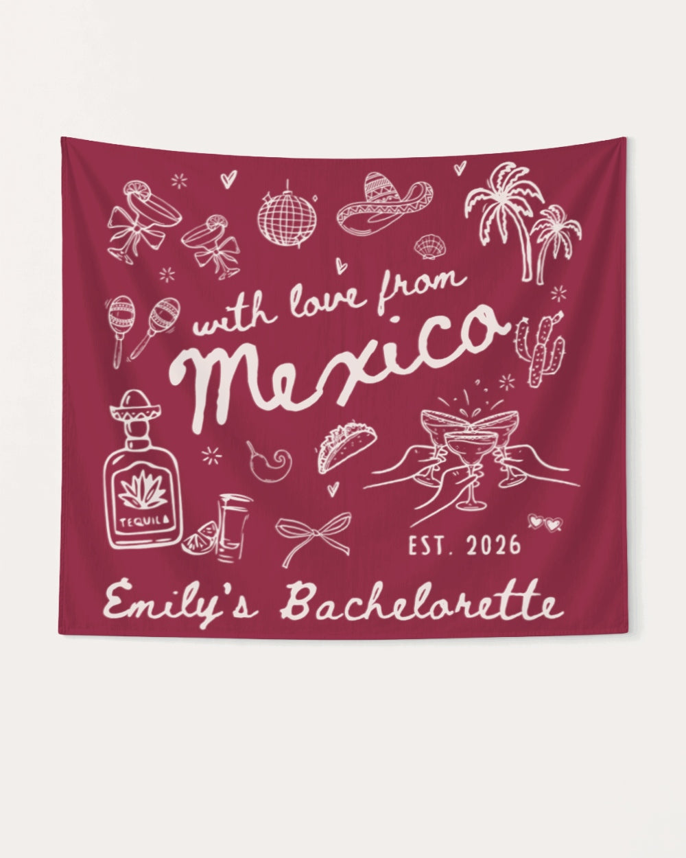 Matching bachelorette banners for a Mexico destination weekend, vintage line-art style. Personalized with bride name, year, and destination for the full crew.