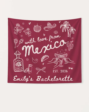 Matching bachelorette banners for a Mexico destination weekend, vintage line-art style. Personalized with bride name, year, and destination for the full crew.