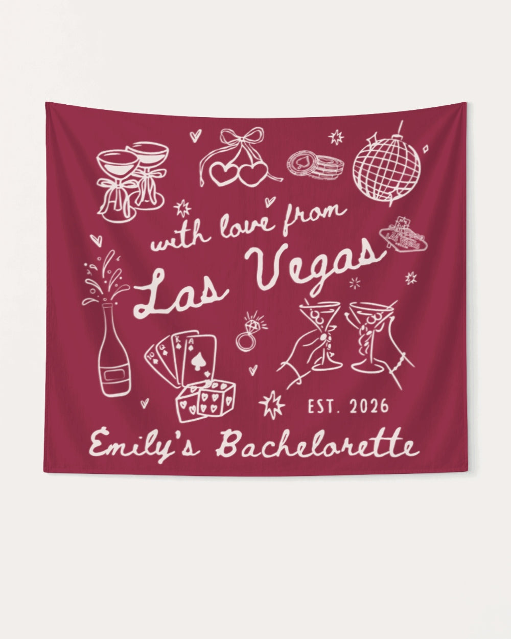 Matching bachelorette party banners for the Las Vegas weekend crew, hand-drawn doodle art with bride name, year, and destination customizable for the whole squad.