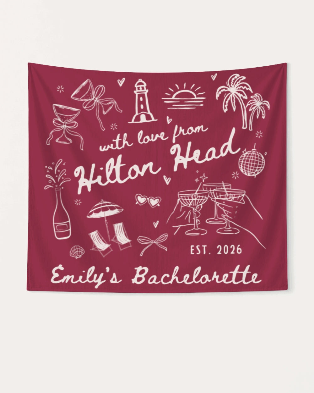 Matching bachelorette party banner with whimsical line-art doodles and hand-drawn script, personalized with bride name, destination, and year for any beach or coastal weekend getaway.
