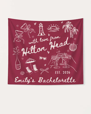 Matching bachelorette party banner with whimsical line-art doodles and hand-drawn script, personalized with bride name, destination, and year for any beach or coastal weekend getaway.
