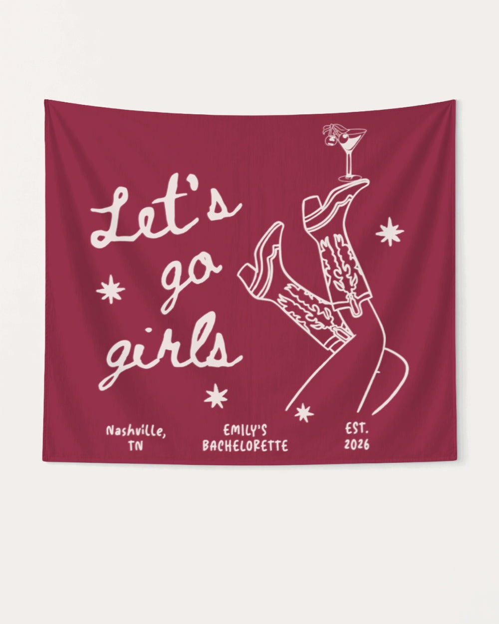 Party banner for a bachelorette celebration, vintage line-art design with boots and martini art. Personalized with bride name, destination city, and year for the full crew.