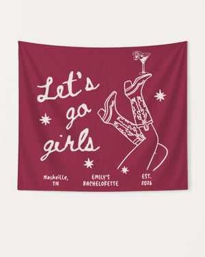 Party banner for a bachelorette celebration, vintage line-art design with boots and martini art. Personalized with bride name, destination city, and year for the full crew.