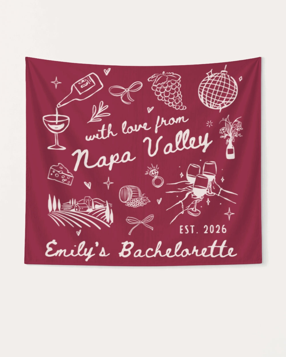 Bride and bridal party bachelorette weekend banner with Napa Valley wine country theme and minimalist doodle art. Personalized with bride name, year, and destination city.