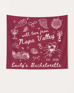 Bride and bridal party bachelorette weekend banner with Napa Valley wine country theme and minimalist doodle art. Personalized with bride name, year, and destination city.
