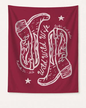 Personalized cowgirl bride backdrop with cowboy boot design for bachelorette party decor