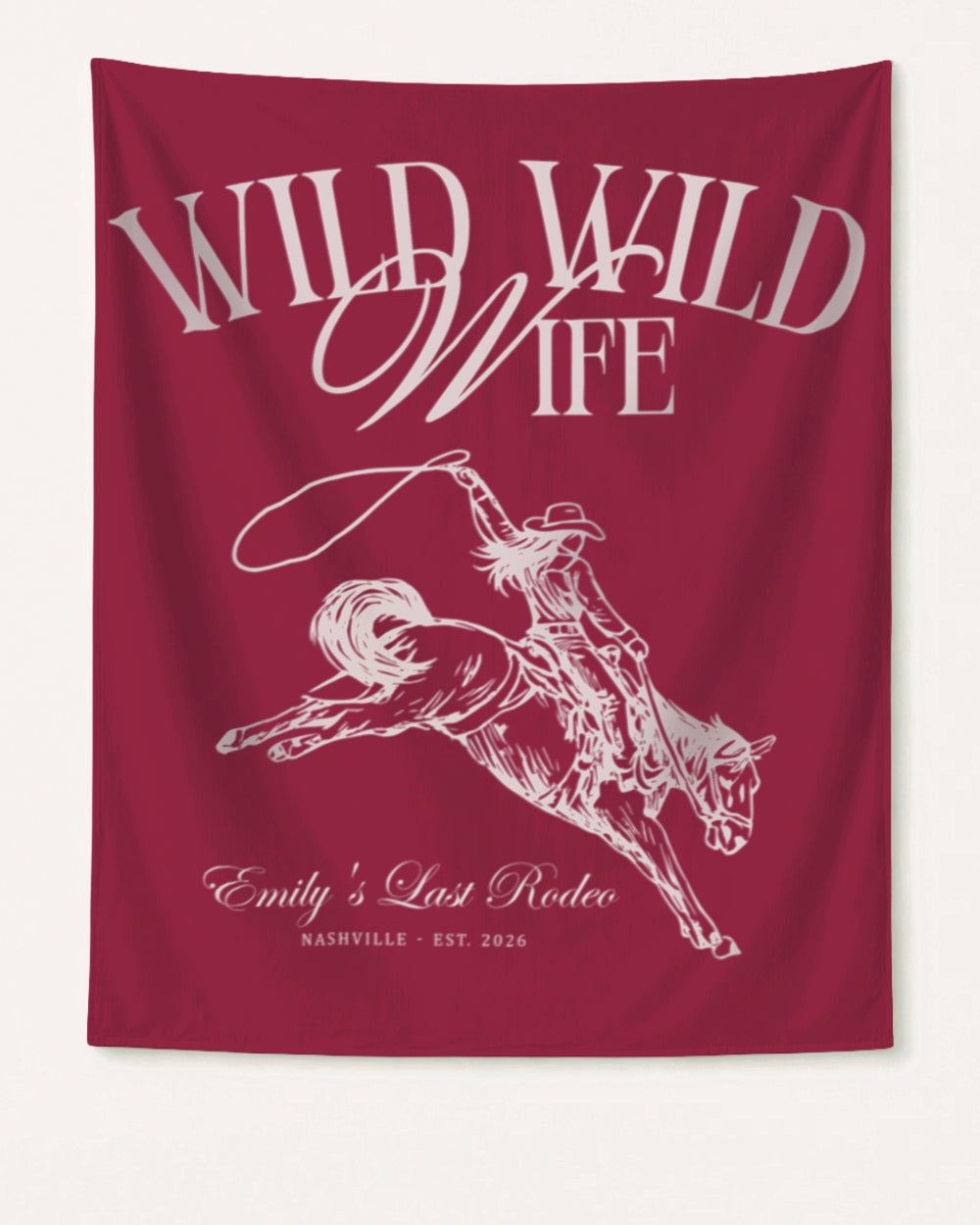 Vintage-style bachelorette party banner with Last Rodeo script lettering and cowgirl illustration. Personalized with bride name, destination city, and wedding year for the whole crew.