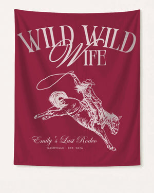 Vintage-style bachelorette party banner with Last Rodeo script lettering and cowgirl illustration. Personalized with bride name, destination city, and wedding year for the whole crew.
