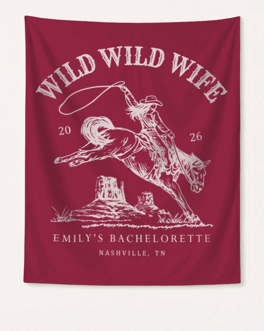 Matching bachelorette party banner with Wild Wild Wife western theme, vintage rodeo art. Personalized with bride name, date, and city for Nashville weekends or any destination bach trip.