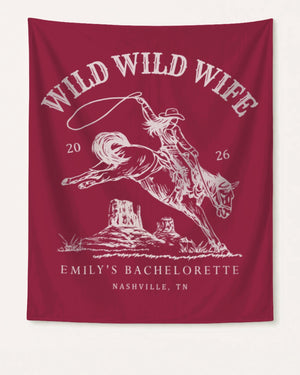 Matching bachelorette party banner with Wild Wild Wife western theme, vintage rodeo art. Personalized with bride name, date, and city for Nashville weekends or any destination bach trip.