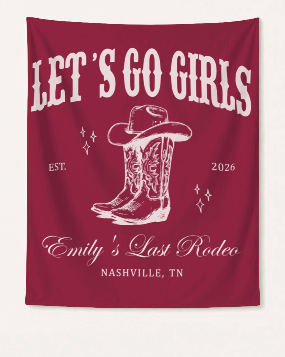 Large party banner for a country western bachelorette celebration, vintage cowboy boot and hat motifs with script typography. Bride name, year, and city customizable for the whole crew.