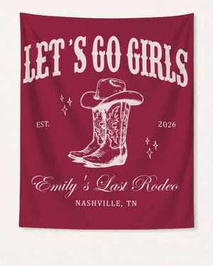 Large party banner for a country western bachelorette celebration, vintage cowboy boot and hat motifs with script typography. Bride name, year, and city customizable for the whole crew.