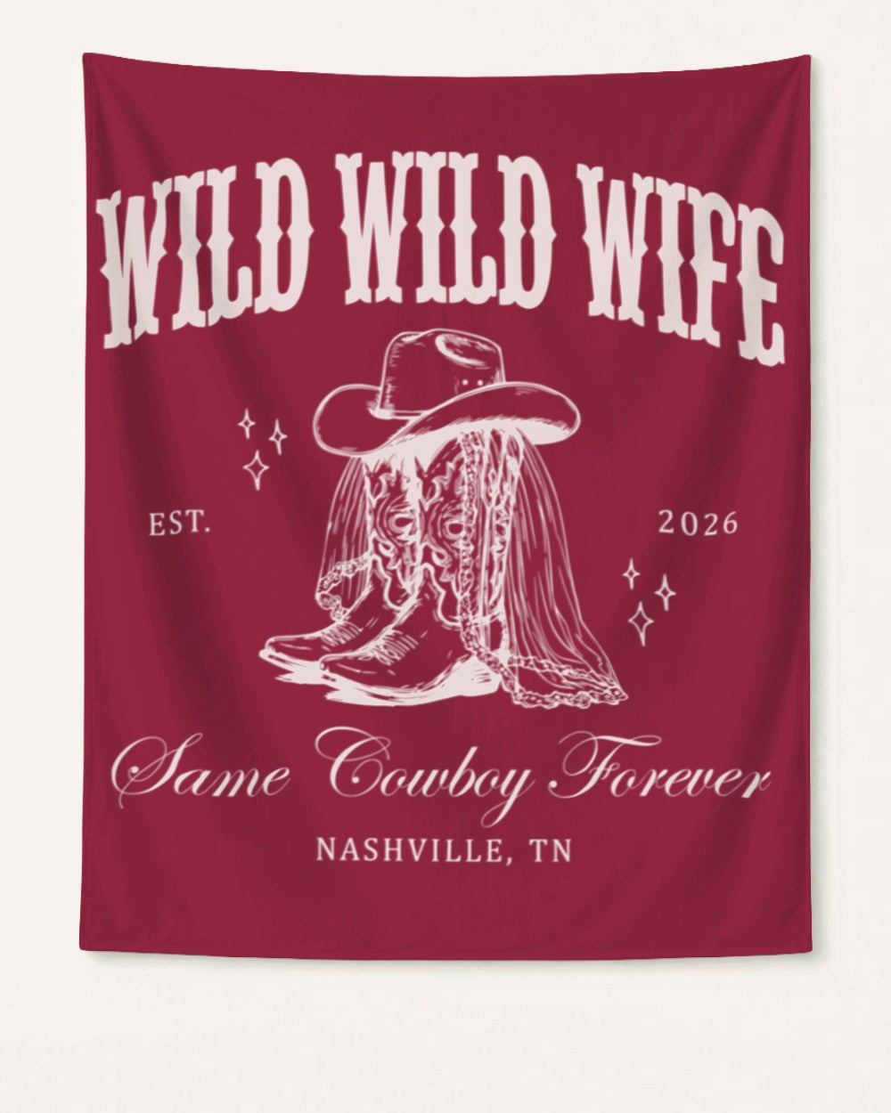 Matching bachelorette banners for the Wild Wild Wife cowgirl crew, vintage western style with script lettering. Personalized with bride name, year, and destination city for Nashville or any bachelorette weekend.